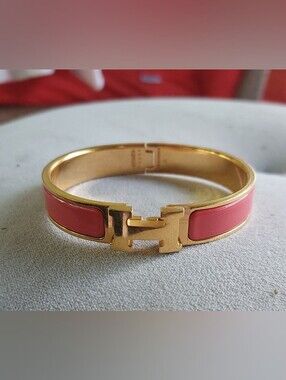 Hermes Clic H Bracelet Yellow Gold w/ Coral Pink Enamel H Clasp